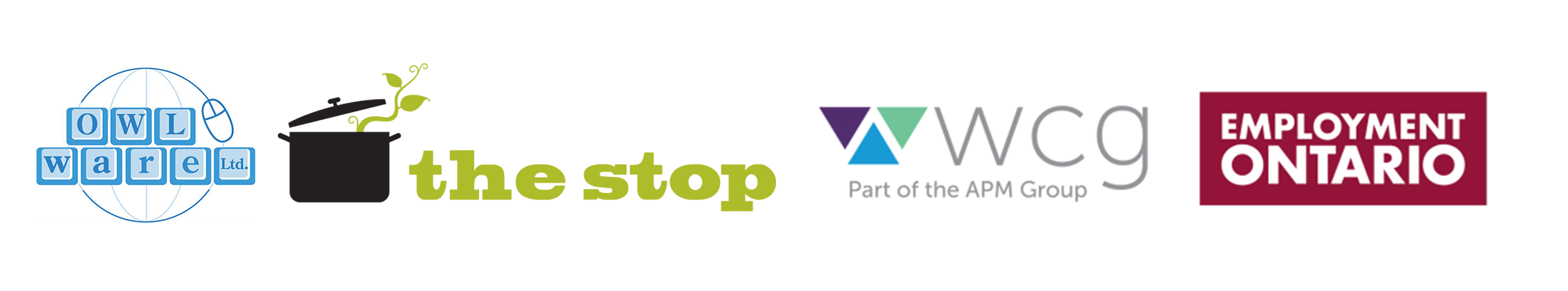 Owlware logo, The Stop logo, WCG logo, Employment Ontario logo